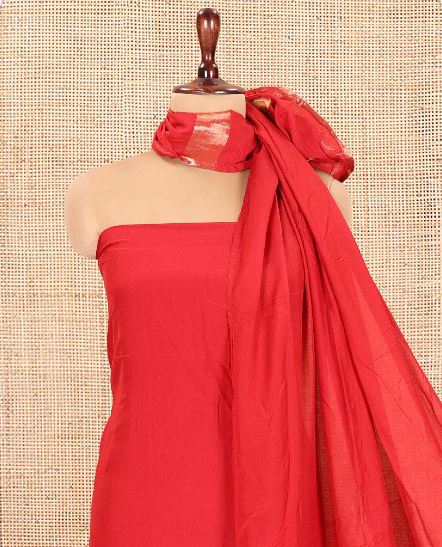 Red Mul Chanderi Material Chudidar Features Jamdani-Floral Top, Plain Bottom, Jamdani-Floral Dupatta