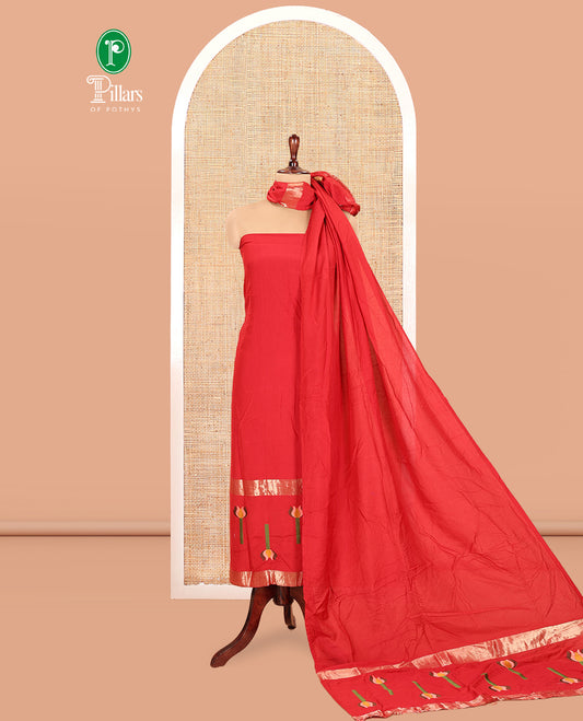 Red Mul Chanderi Material Chudidar Features Jamdani-Floral Top, Plain Bottom, Jamdani-Floral Dupatta