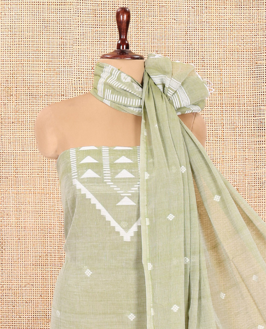 Pista Green Mul Cotton Material Chudidar Features Jamdani-Style Top, Striped Bottom, a Jamdani Dupatta