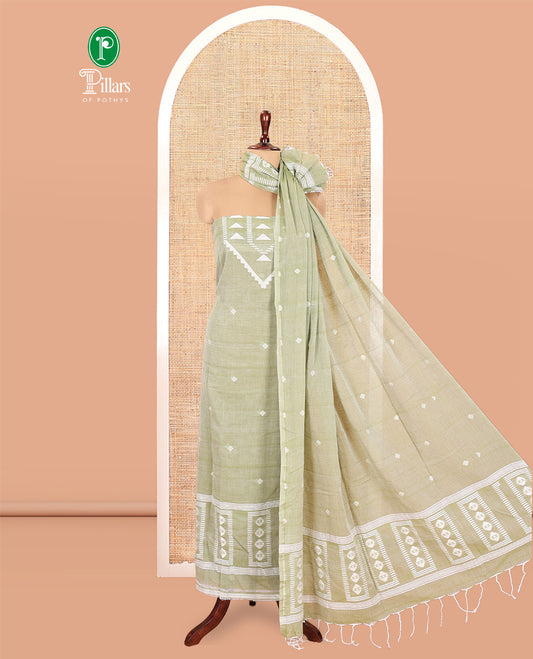 Pista Green Mul Cotton Material Chudidar Features Jamdani-Style Top, Striped Bottom, a Jamdani Dupatta
