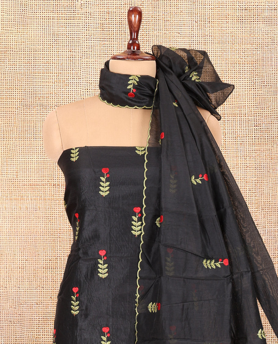 Black Mul Chanderi Material Chudidar, Floral Embroidery Top, Matching Bottom, Embroidery Dupatta