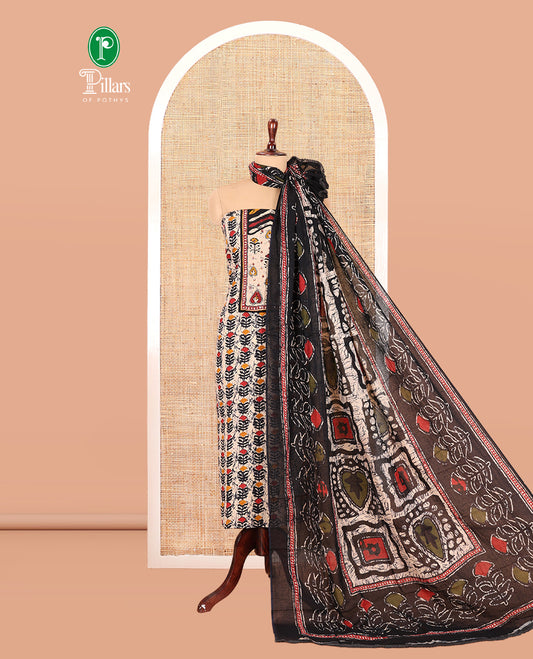 Black-Red Cotton Material Chudidar Features Batik-Printed Top, a Contrast-Printed Bottom, Batik-Printed Dupatta