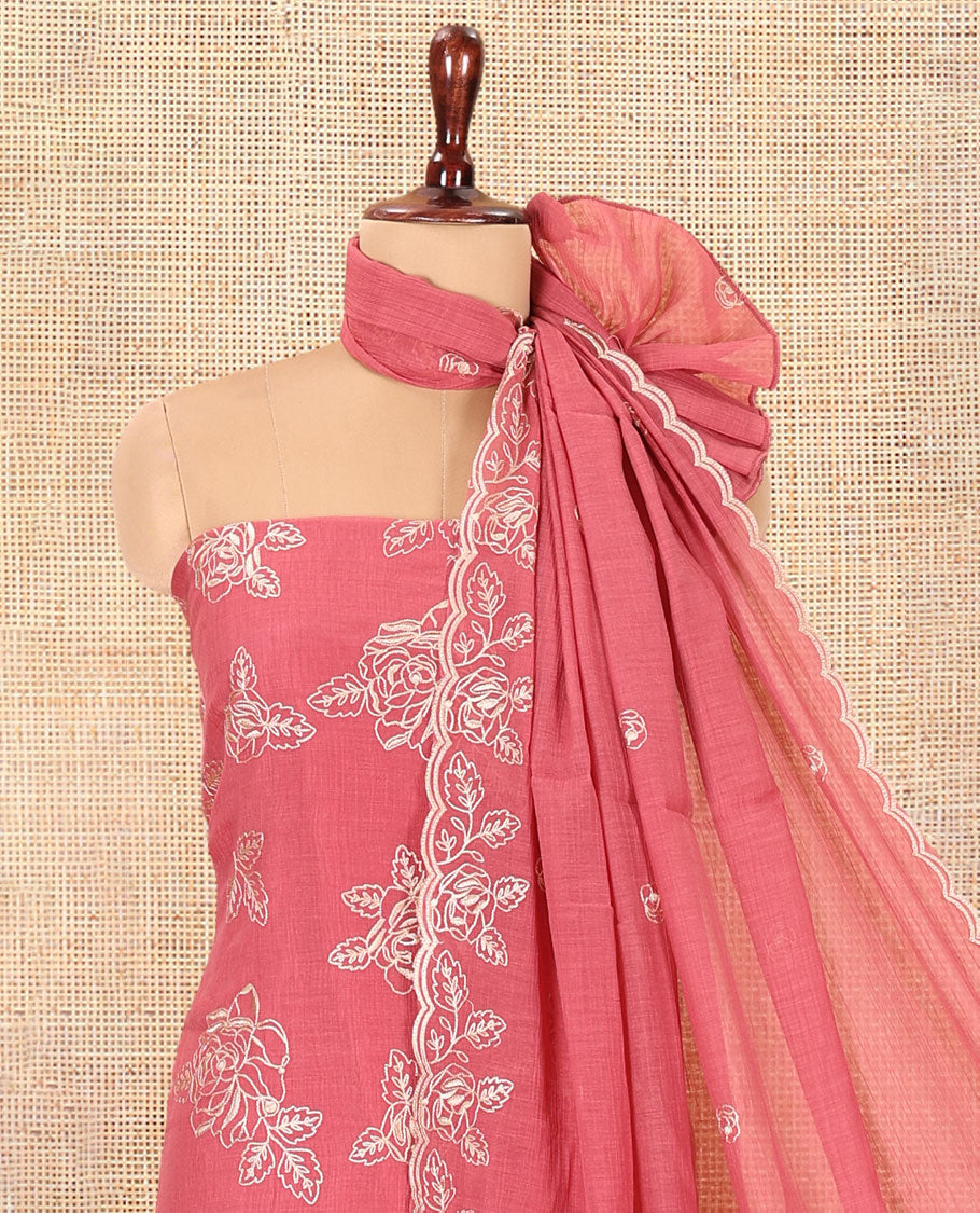 Onion Pink Mul Crush Chanderi Material Chudiddar, Floral Embroidered Top, Plain Bottom, Embroidered Dupatta