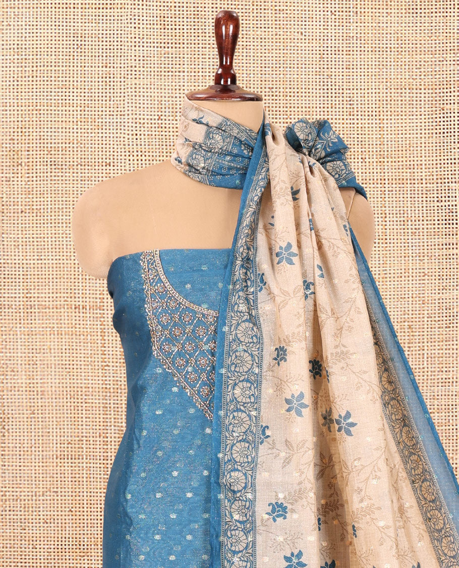 Rama Blue Chanderi Tissue Material Chudiddar, Buttas Neckwork Top, Plain Bottom, Contrast Floral Dupatta