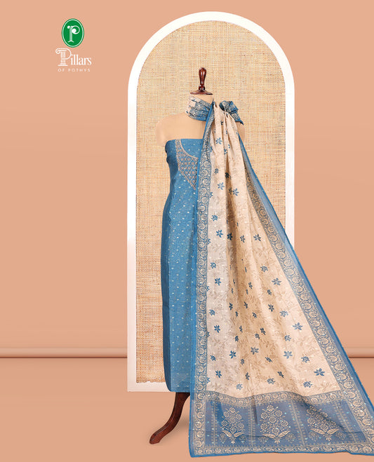Rama Blue Chanderi Tissue Material Chudiddar, Buttas Neckwork Top, Plain Bottom, Contrast Floral Dupatta