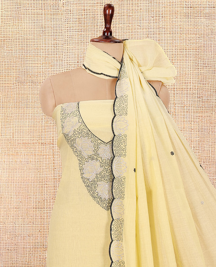 Yellow Mul Chanderi Material Chudiddar, Floral Embroidered Top, Plain Bottom, Embroidered Dupatta