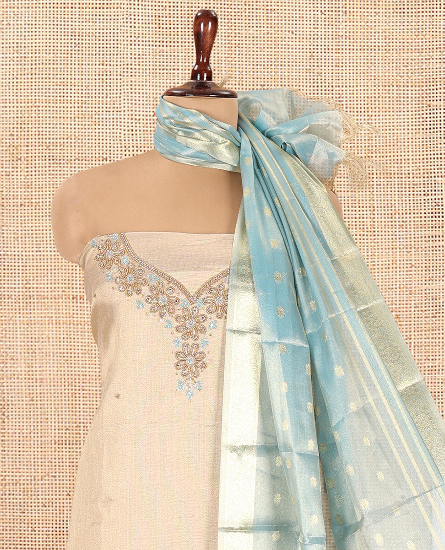 Chikku-Sea Blue Shimmer Tissue Material Churidar, Elevated with Bead Neck Embroidered Top, a Contrast Bottom, and a Sparsely Woven Dupatta