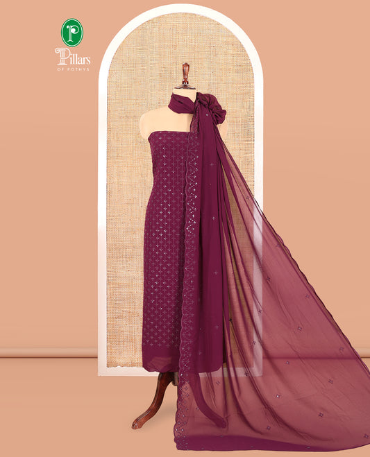 Purple Georgette Material Churidar, Woven with Sequins Embroidered Top, a Matching Bottom, and Embroidered Dupatta