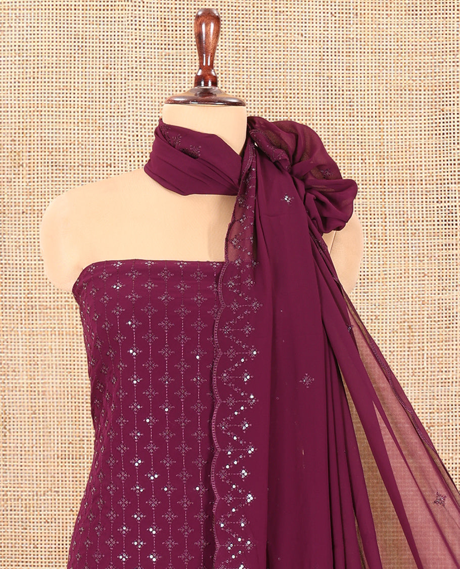 Purple Georgette Material Churidar, Woven with Sequins Embroidered Top, a Matching Bottom, and Embroidered Dupatta