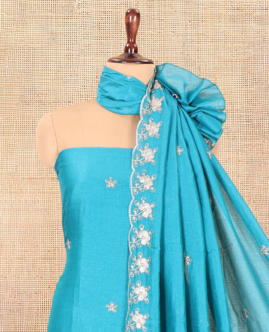 Rama Blue Semi-Silk Material Churidar Features a Floral Embroidered Top, a Matching Bottom, Embroidered Dupatta