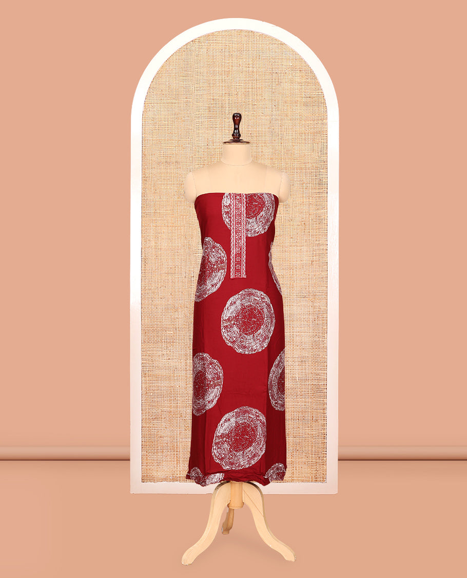Maroon Rayon Material Churidar Features Circle Buttas and Neck Embroidery Top, a Contrast Bottom, Shibori Printed Dupatta