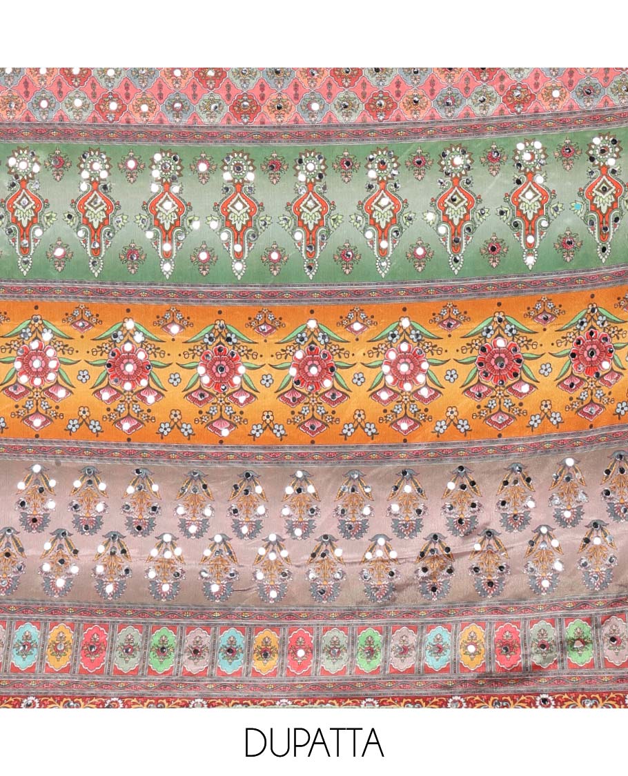 Pista green lucknowi design, mango design embroidery georgette chudidhar material top with american crepe pant & chinnon material digital print, mirror work,lace border dupatta