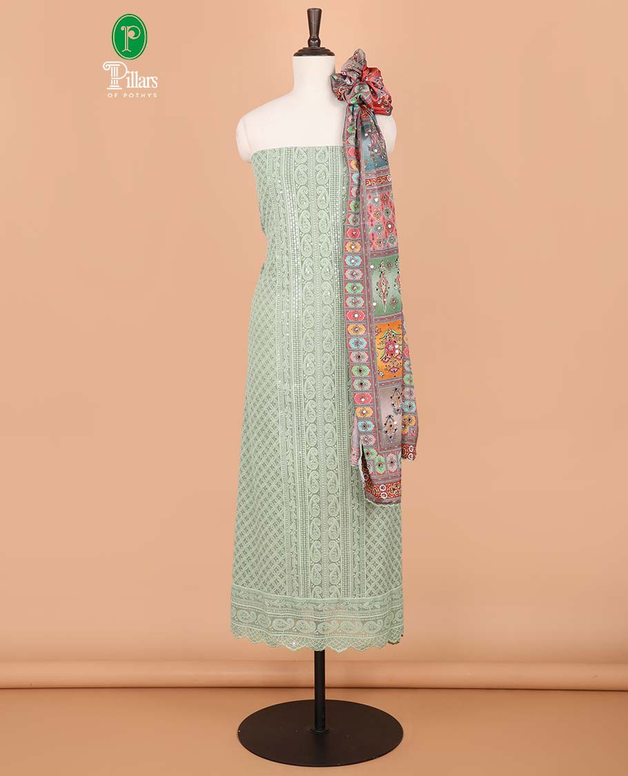Pista green lucknowi design, mango design embroidery georgette chudidhar material top with american crepe pant & chinnon material digital print, mirror work,lace border dupatta