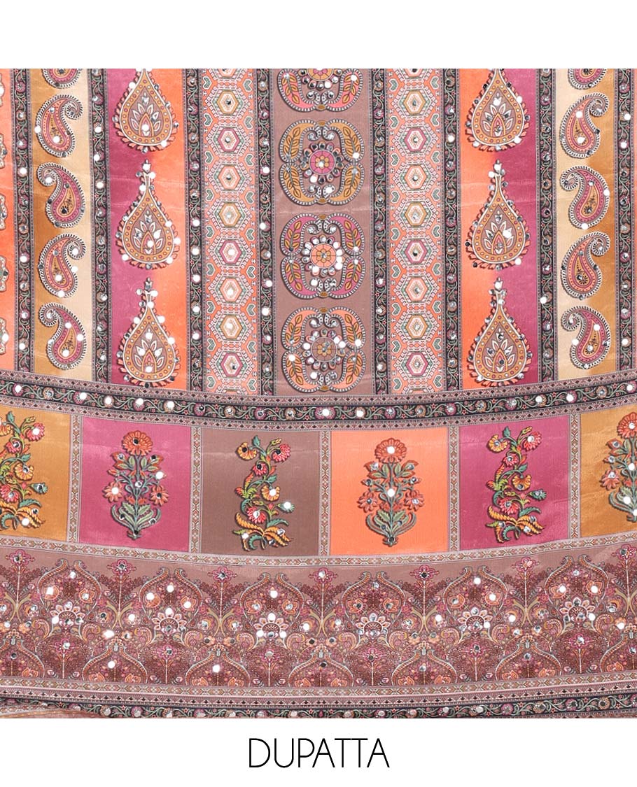 Chocolate brown lucknowi design, mango design embroidery georgette chudidhar material top with american crepe pant & chinnon material digital print, mirror work,lace border dupatta