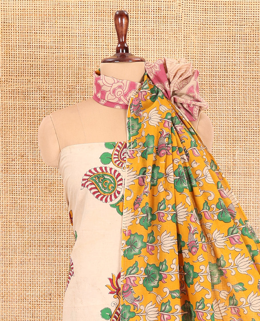 Chikku-Magenta Cotton Material Chudidar, Kalamkari Print Skirt, Contrast Bottom, Kalamkari Print Dhavani