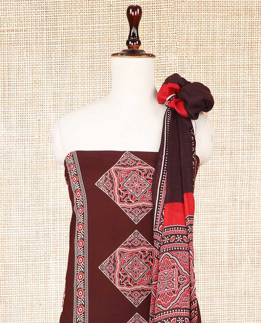 Brown ajrak print rayon chudidhar material top with rayon material printed pant & mul mul votton ajrak printed dupatta