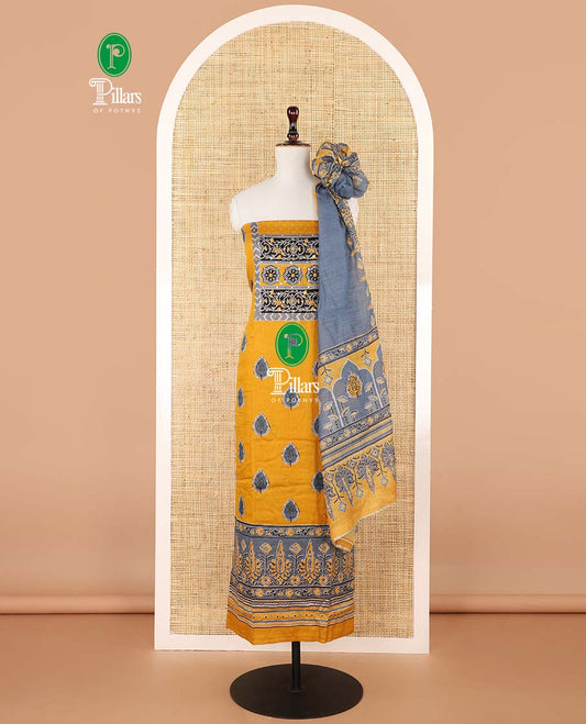 Yellow with ash color ajrak print , french knot hand work satin cotton chudidhar material top with cotton pant & ajrak two side lace border dupatta