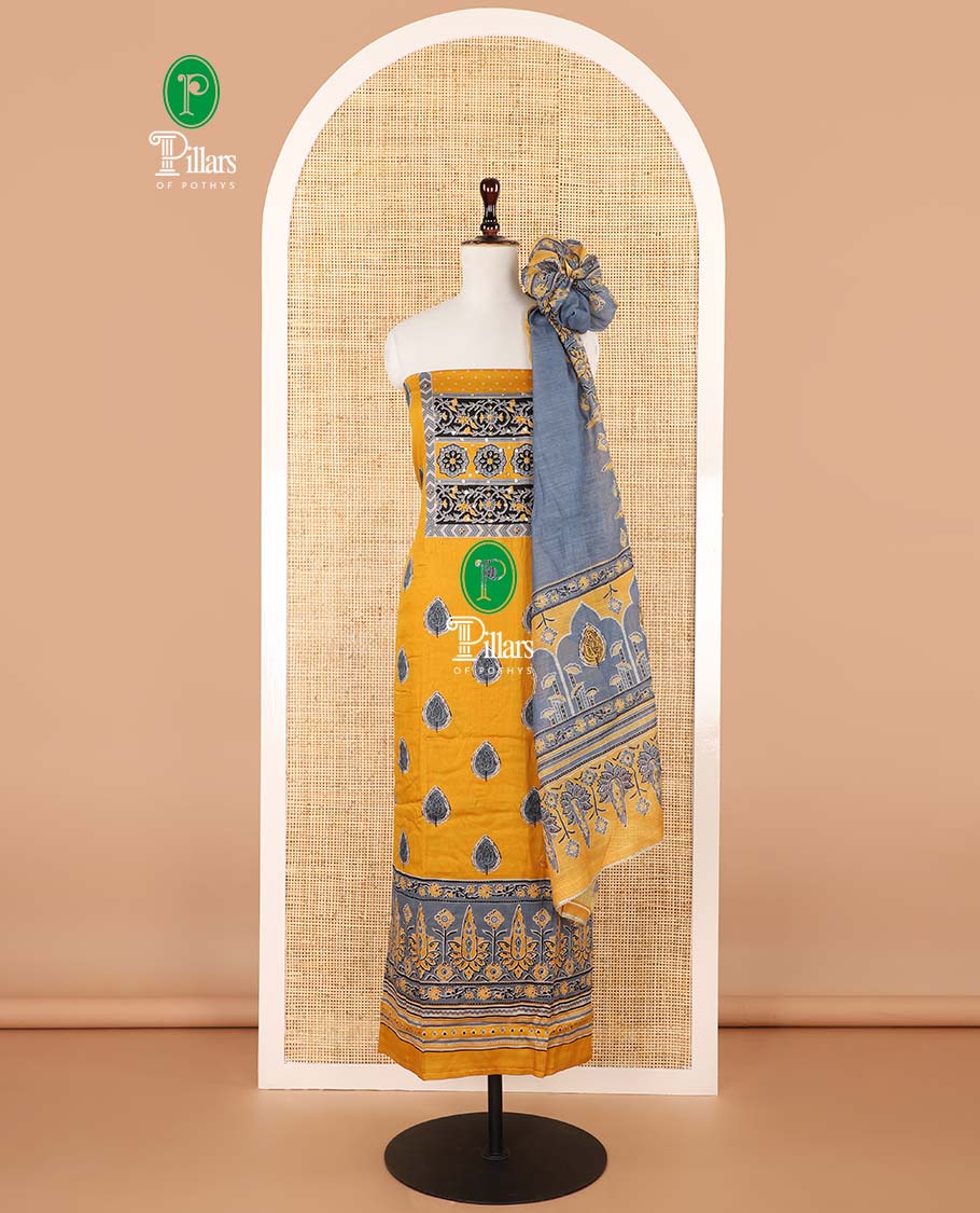 Yellow with ash color ajrak print , french knot hand work satin cotton chudidhar material top with cotton pant & ajrak two side lace border dupatta