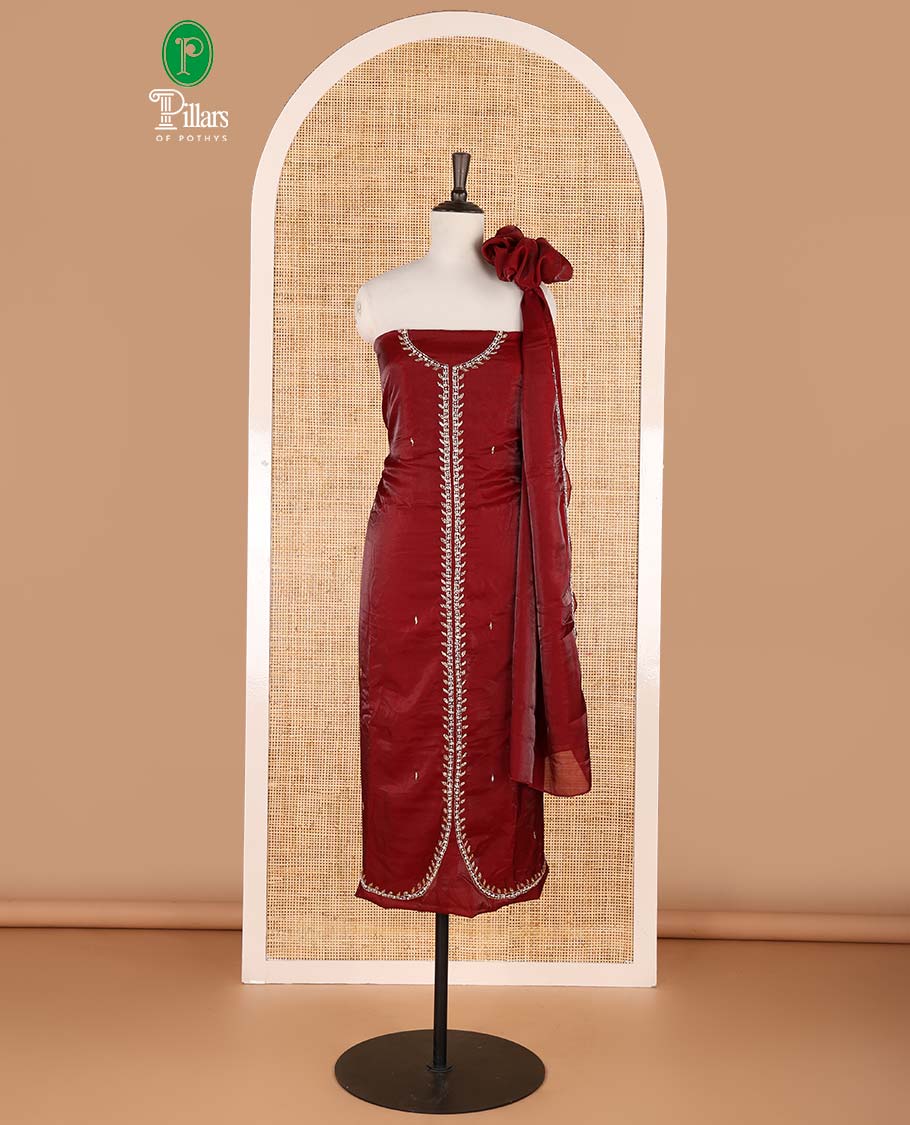 Maroon sherwani pattern , hand work velvet organza chudidhar material top with american crepe pant & one side bead work dupatta