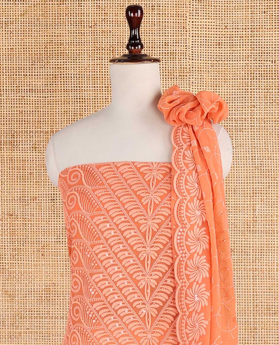 Dusty peach shifli sequins embroidery georgette chudidhar material top with american crepe pant & sequins embroidery, scallop cut dupatta