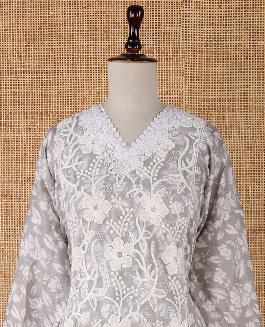 Grey chudidar material set, floral embroidery with daman crochet lace work jam cotton top, white thread argyle design embroidery with lace work nazlin dupatta, unique motifs printed bottom