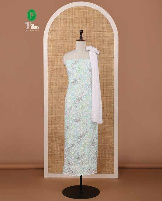 Green chudidar material set, shibori-print & floral vine chikankari embroidered top,printed cotton bottom & floral chikankari embroidery chiffon dupatta