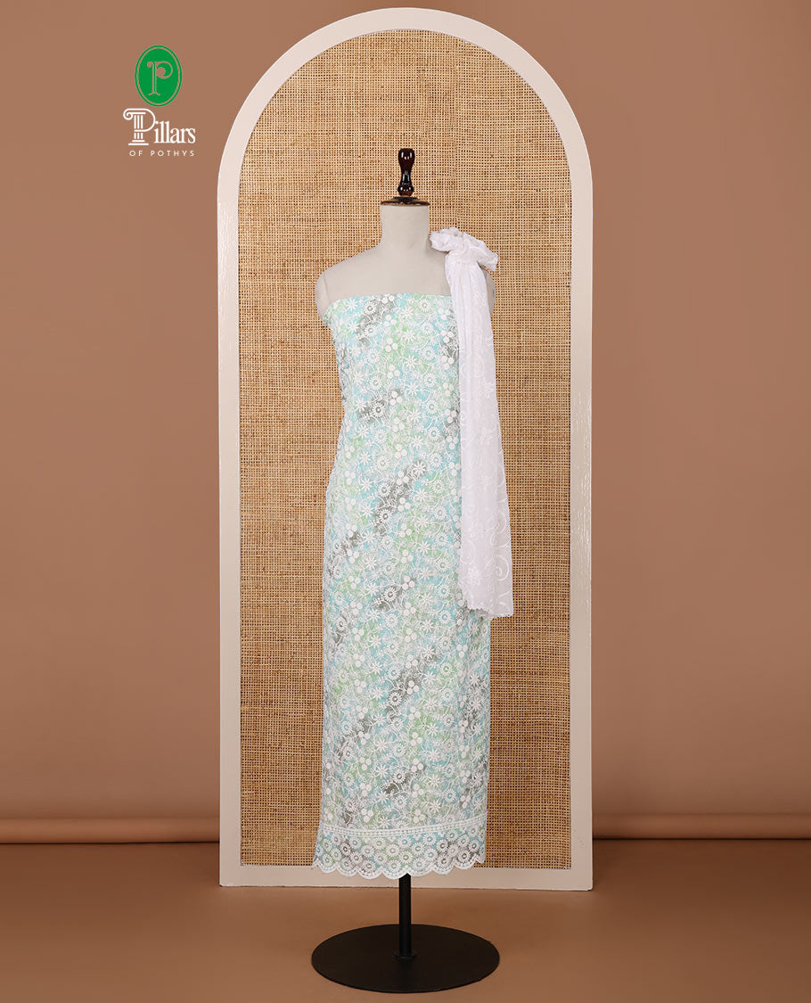 Green chudidar material set, shibori-print & floral vine chikankari embroidered top,printed cotton bottom & floral chikankari embroidery chiffon dupatta