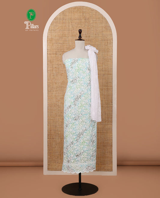 Green chudidar material set, shibori-print & floral vine chikankari embroidered top,printed cotton bottom & floral chikankari embroidery chiffon dupatta