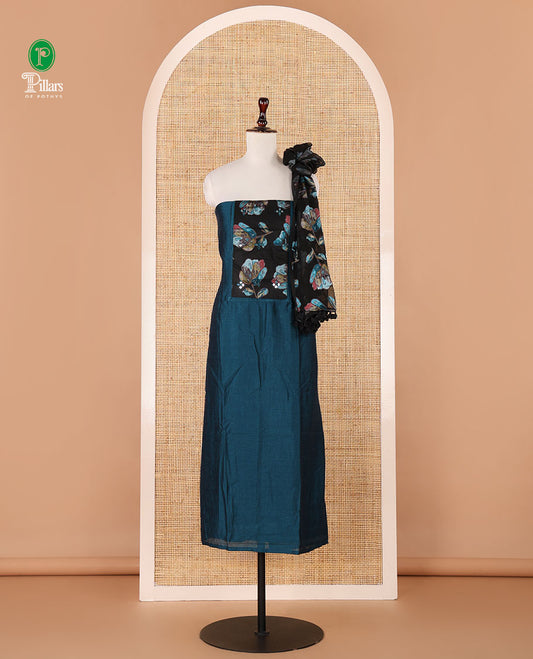 Blue chudidhar material,brasso floral print & mirrorwork patch neck vichitra silk top,santoon bottom & brasso floral print dupatta
