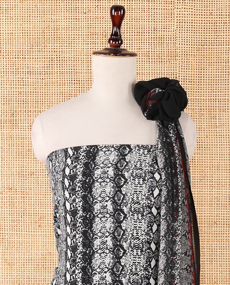 Black & white chudidhar material set, vertical floral printed Italian crepe top, plain crepe bottom & printed georgette dupatta