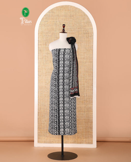 Black & white chudidhar material set, vertical floral printed Italian crepe top, plain crepe bottom & printed georgette dupatta