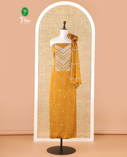 Mustard Vichitra crush material chudidar set, thread & bead floral embroidery top, plain santoon bottom & floral thread embroidery dupatta