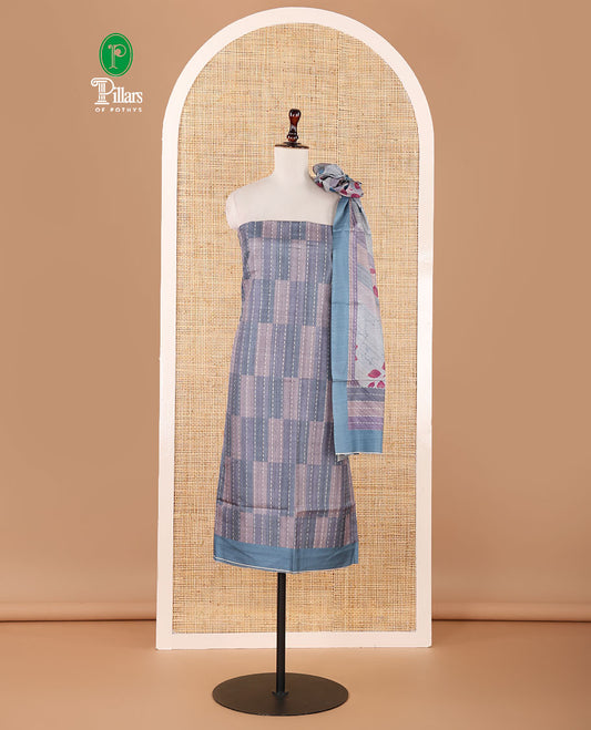 Blue semi-tussar material chudidar set,geometric & kantha print top,heathered plain bottom & dupatta of geometric & floral print