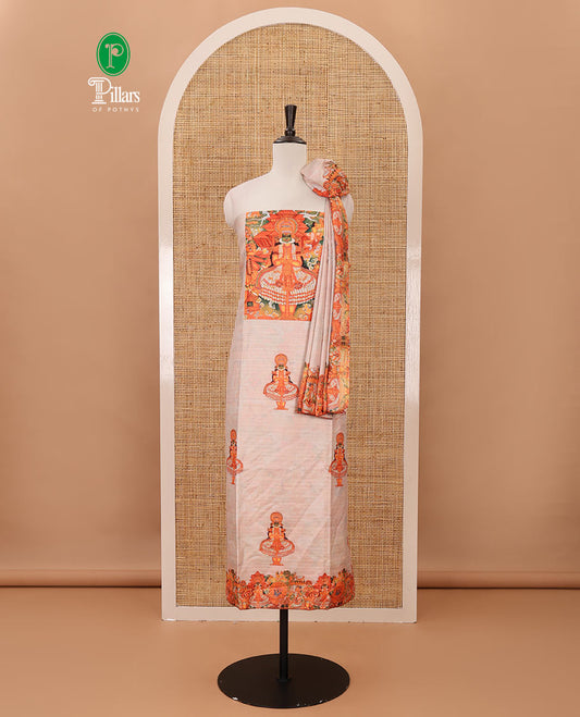 Cream chudidar material set, traditional Kerala Kathak printed semi tussar top, plain santoon bottom, & Kathak printed semi tussar dupatta