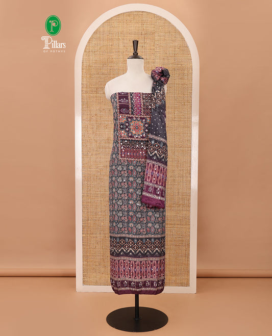 Black & magenta material chudidar set, Arjrakh print & mirror work Masakali crepe top,santoon bottom & Arjrakh print & mirrorwork chinon dupatta