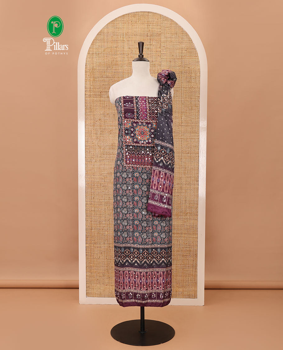 Black & magenta material chudidar set, Arjrakh print & mirror work Masakali crepe top,santoon bottom & Arjrakh print & mirrorwork chinon dupatta