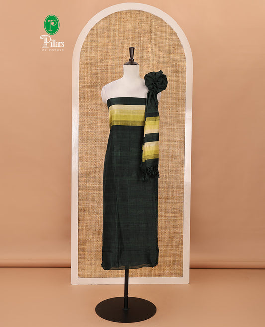 Green material chudidar set, horizontal ombre striped semi-tussar top, plain santoon bottom & horizontal ombre striped dupatta with tassels