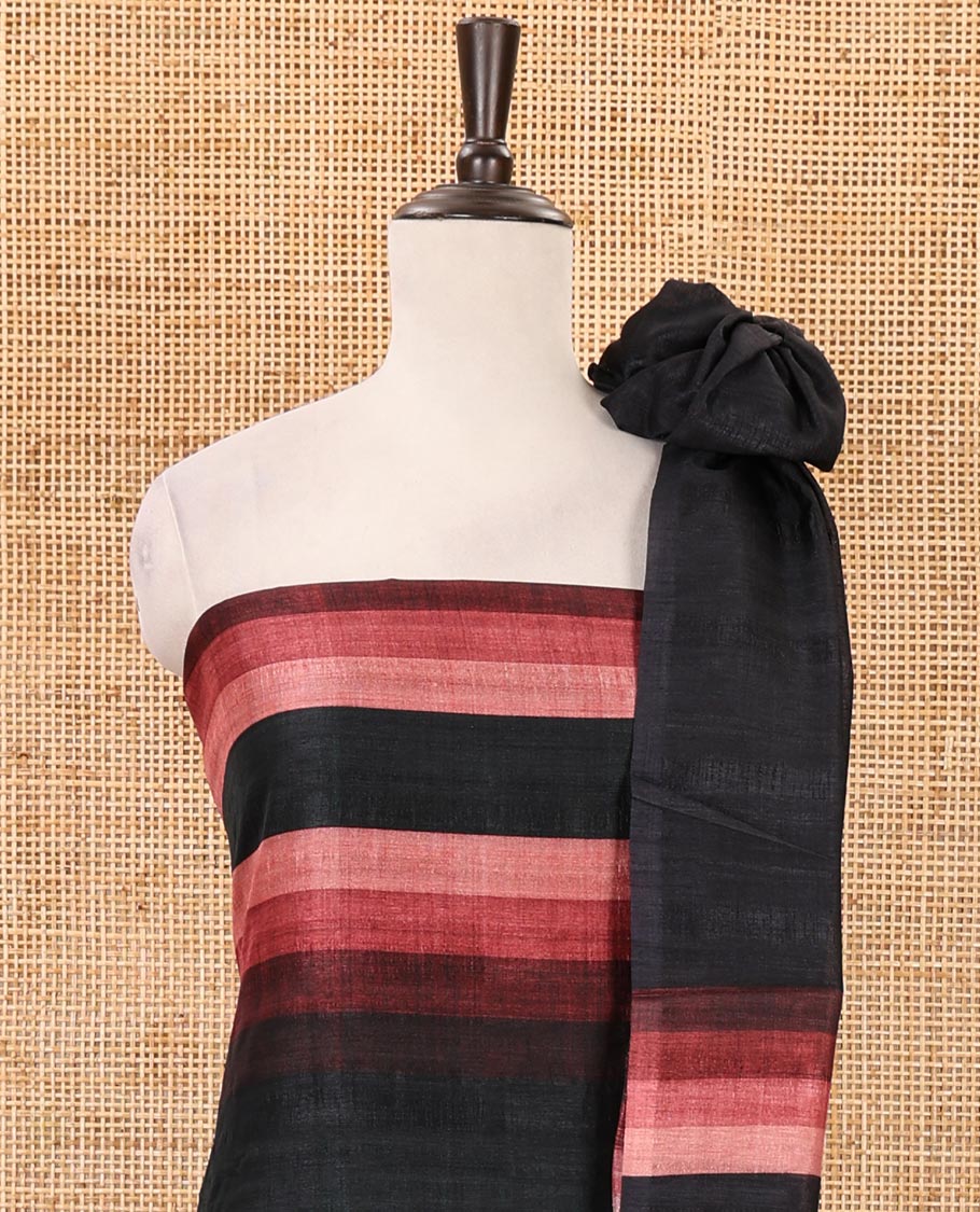 Black material chudidar set, horizontal brown-ombre striped semi-tussar top, plain santoon bottom & horizontal pink-ombre striped dupatta with tassels