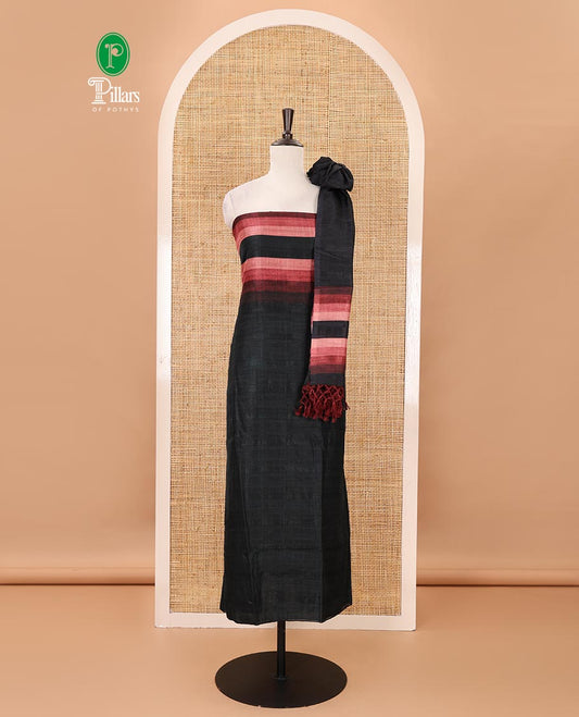 Black material chudidar set, horizontal brown-ombre striped semi-tussar top, plain santoon bottom & horizontal pink-ombre striped dupatta with tassels
