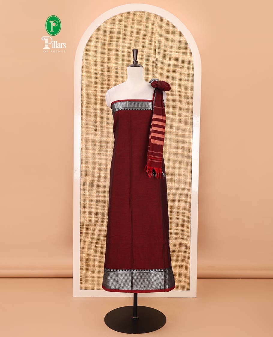 Maroon material chudidar set,traditional zari border mercerized cotton top, matching mercerized cotton bottom & traditional border dupatta