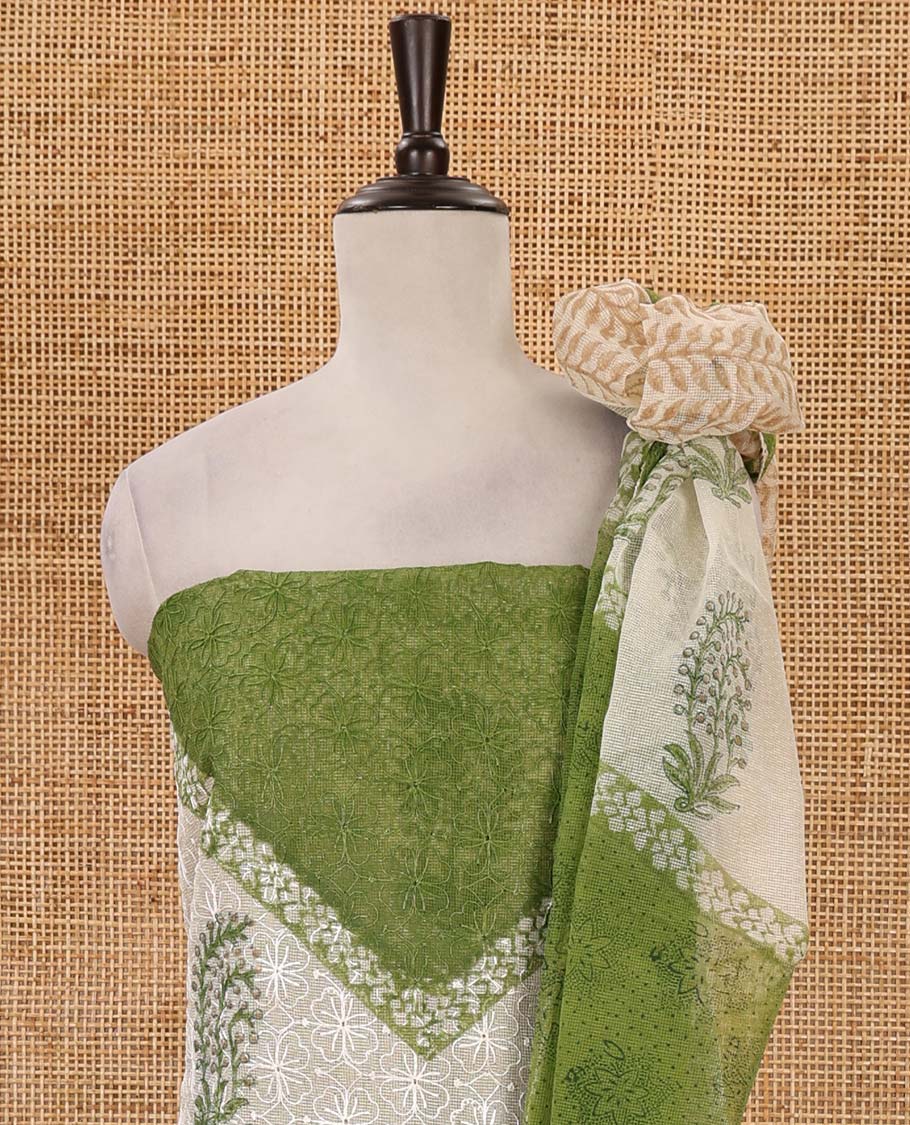Cream-green material chudidar set, print & chikankari-style embroidered net kota top, semi-raw silk bottom & floral print net kota dupatta