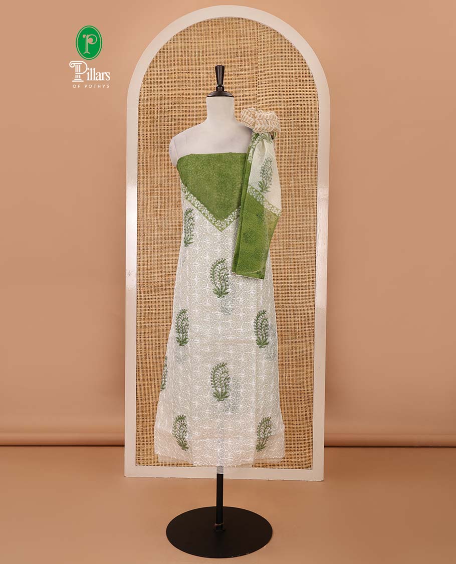 Cream-green material chudidar set, print & chikankari-style embroidered net kota top, semi-raw silk bottom & floral print net kota dupatta