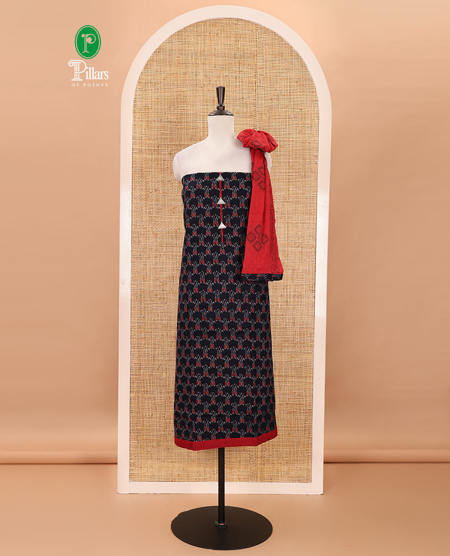 Black-maroon flex cotton material chudidar set, ikkat printed & oxidised charm woven top, contrast bottom & negative printed dupatta