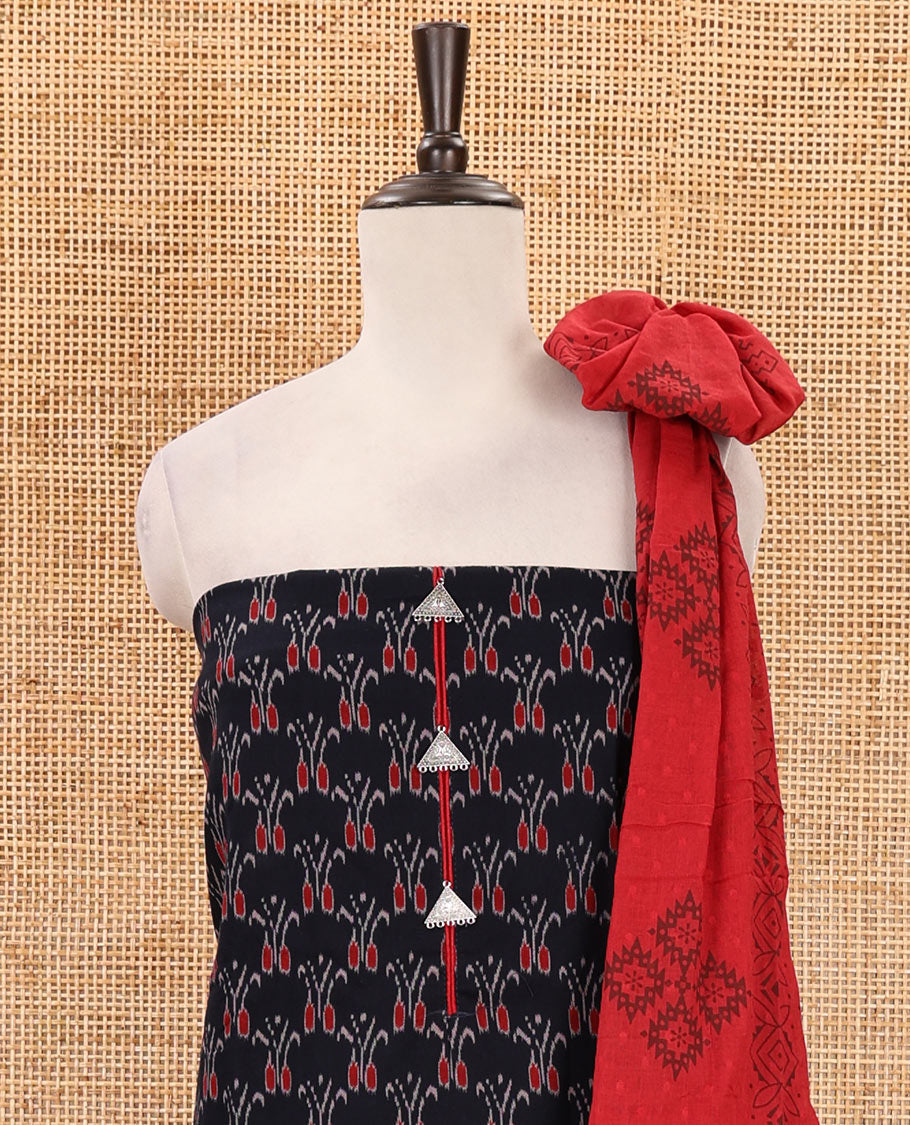 Black-maroon flex cotton material chudidar set, ikkat printed & oxidised charm woven top, contrast bottom & negative printed dupatta