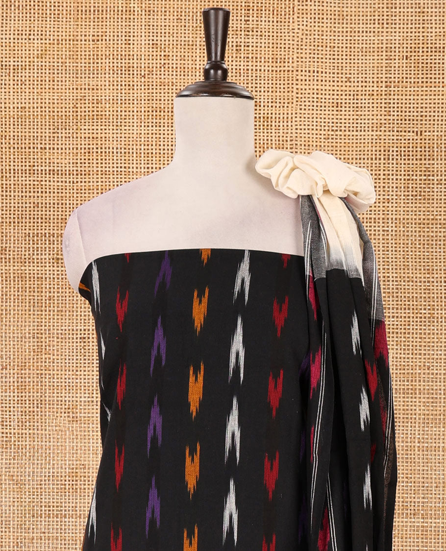 Black material chudidar set, multi-color buttas woven pochampally pure ikkat cotton top, contrast cream bottom & ikkat motifs cotton dupatta