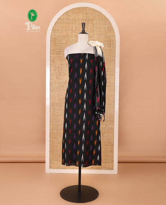 Black material chudidar set, multi-color buttas woven pochampally pure ikkat cotton top, contrast cream bottom & ikkat motifs cotton dupatta