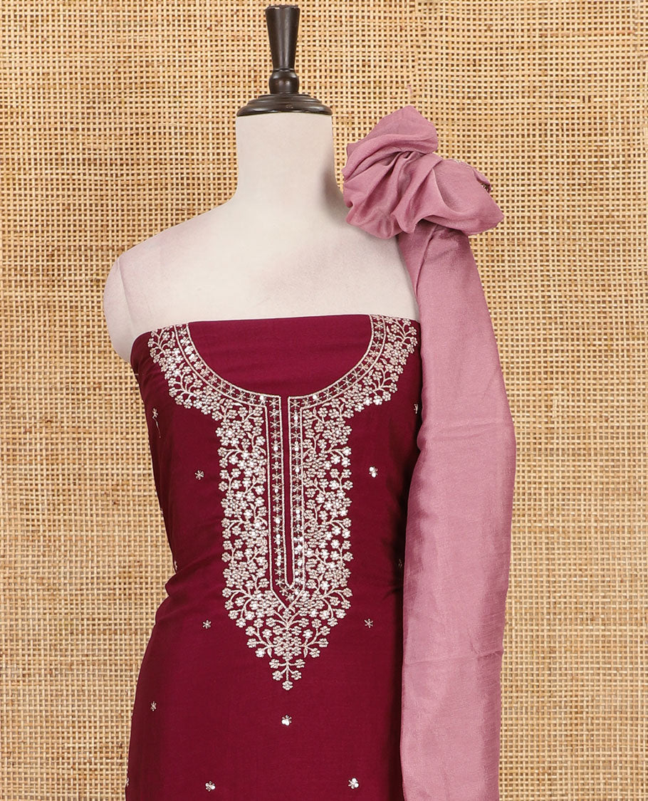 Wine Vichitra silk material chudidar set, floral design neck embroidered top, santoon bottom & contrast embroidered Vichitra silk dupatta