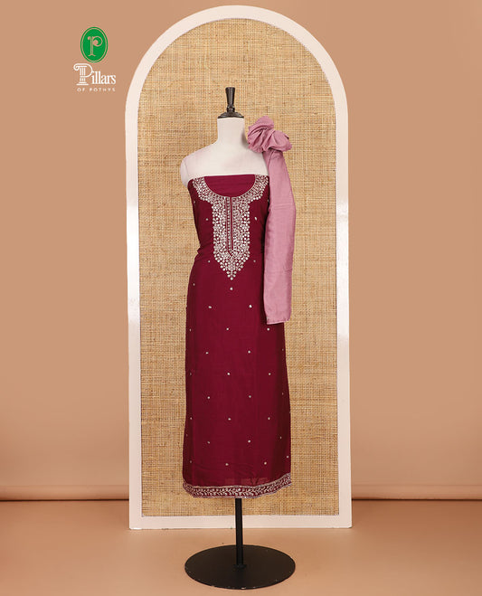Wine Vichitra silk material chudidar set, floral design neck embroidered top, santoon bottom & contrast embroidered Vichitra silk dupatta