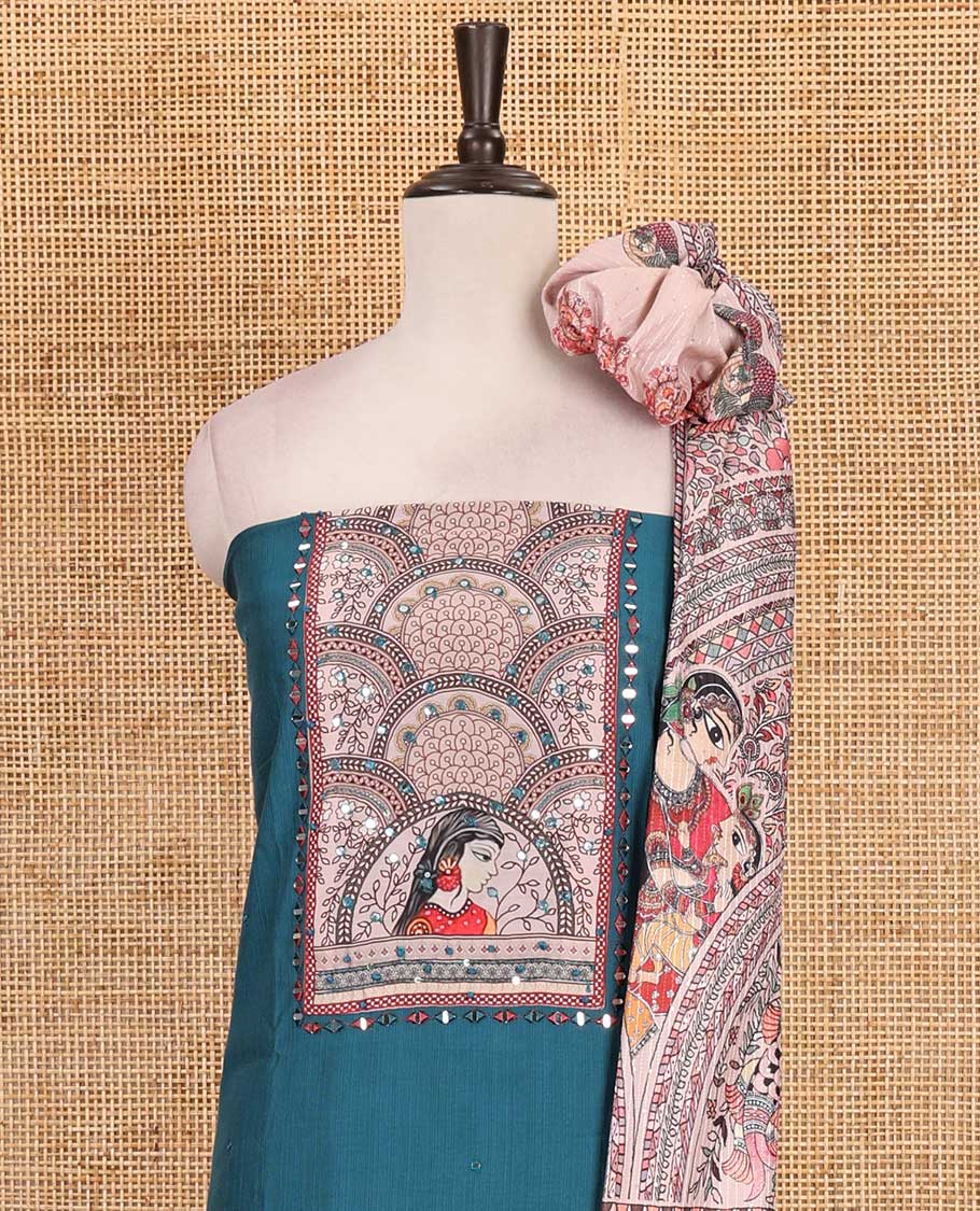 Peacock blue material chudidar set, Madhubani theme printed with French Knot embroidered and mirror work Vertican silk top, contrast rayon bottom, and Madhubani printed dupatta