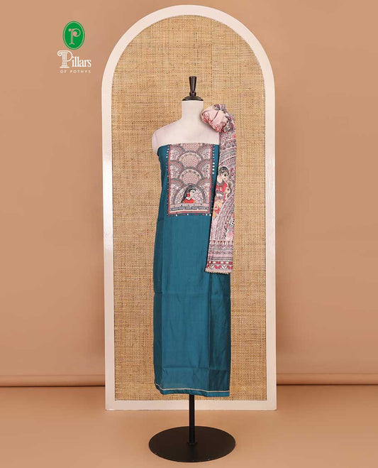 Peacock blue material chudidar set, Madhubani theme printed with French Knot embroidered and mirror work Vertican silk top, contrast rayon bottom, and Madhubani printed dupatta